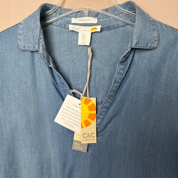 C&C California Blue Denim Tunic Shirt Dress Collared Roll Tab Sleeve Size Large - Picture 3 of 13